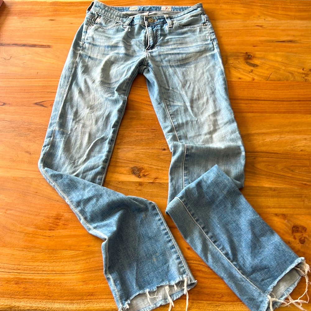 AG vintage distressed straight leg low rise denim